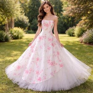 Strapless beaded white and pink floral layered puffy prom dress 2000s Vintage